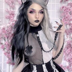 Cyber Goth Grunge Emo Fishnet Split Color Bondage Grommet Top 🦇